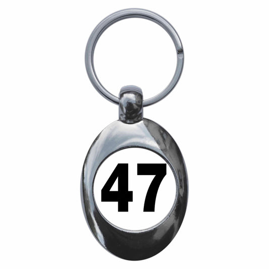 A picture of the front of the product, titled Plain Number 47 Forty Seven Metal Keyring With Trolley Coin