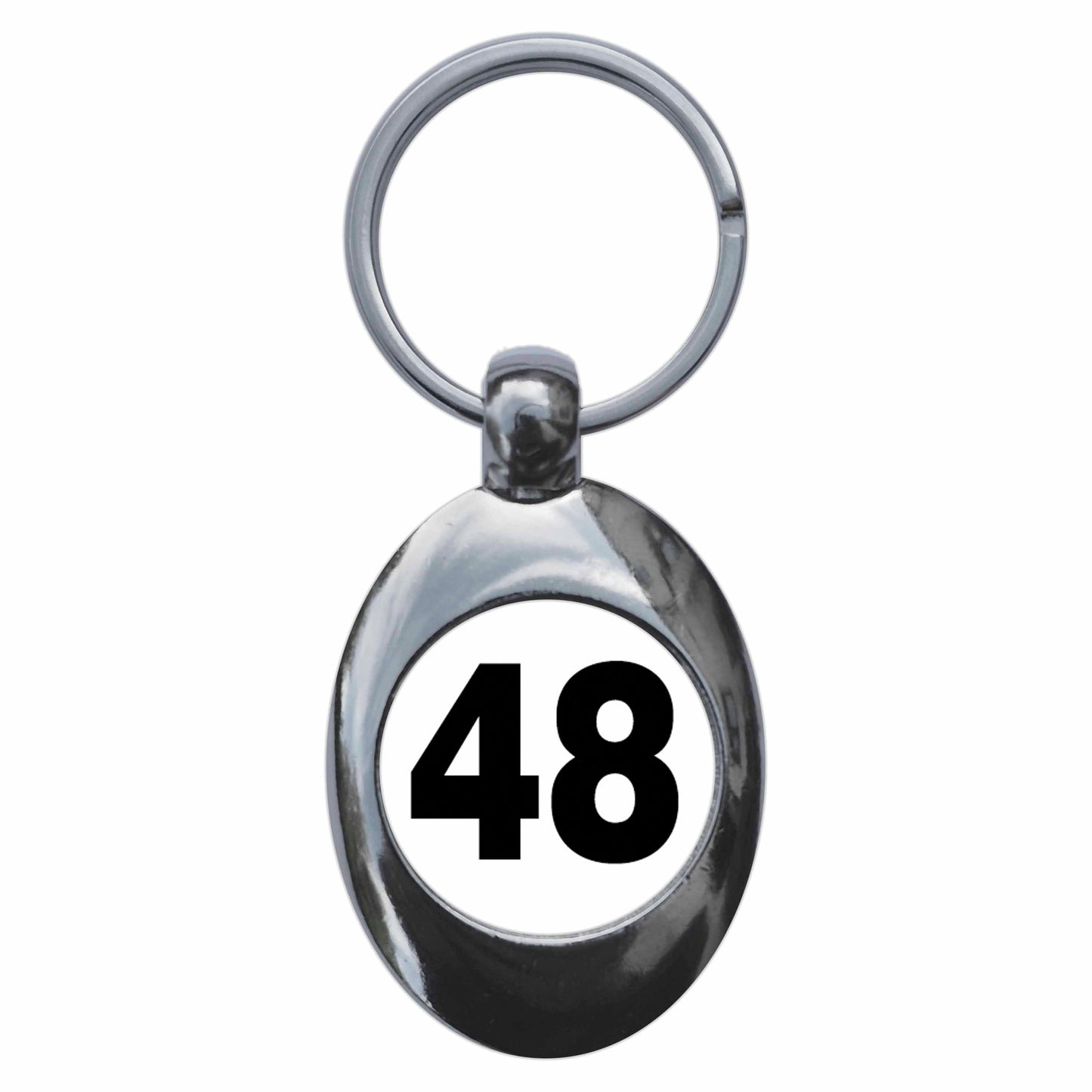 A picture of the front of the product, titled Plain Number 48 Forty Eight Metal Keyring With Trolley Coin