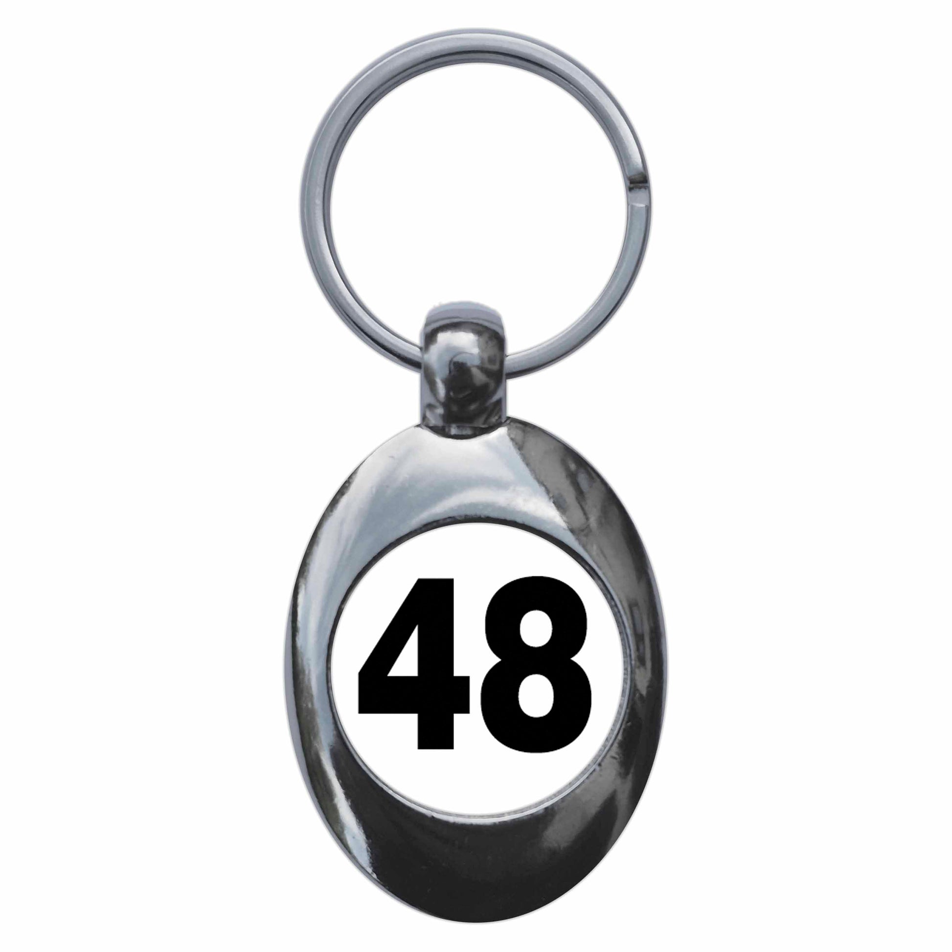 A picture of the front of the product, titled Plain Number 48 Forty Eight Metal Keyring With Trolley Coin