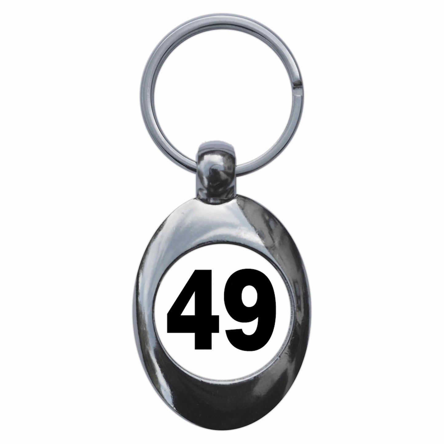 A picture of the front of the product, titled Plain Number 49 Forty Nine Metal Keyring With Trolley Coin
