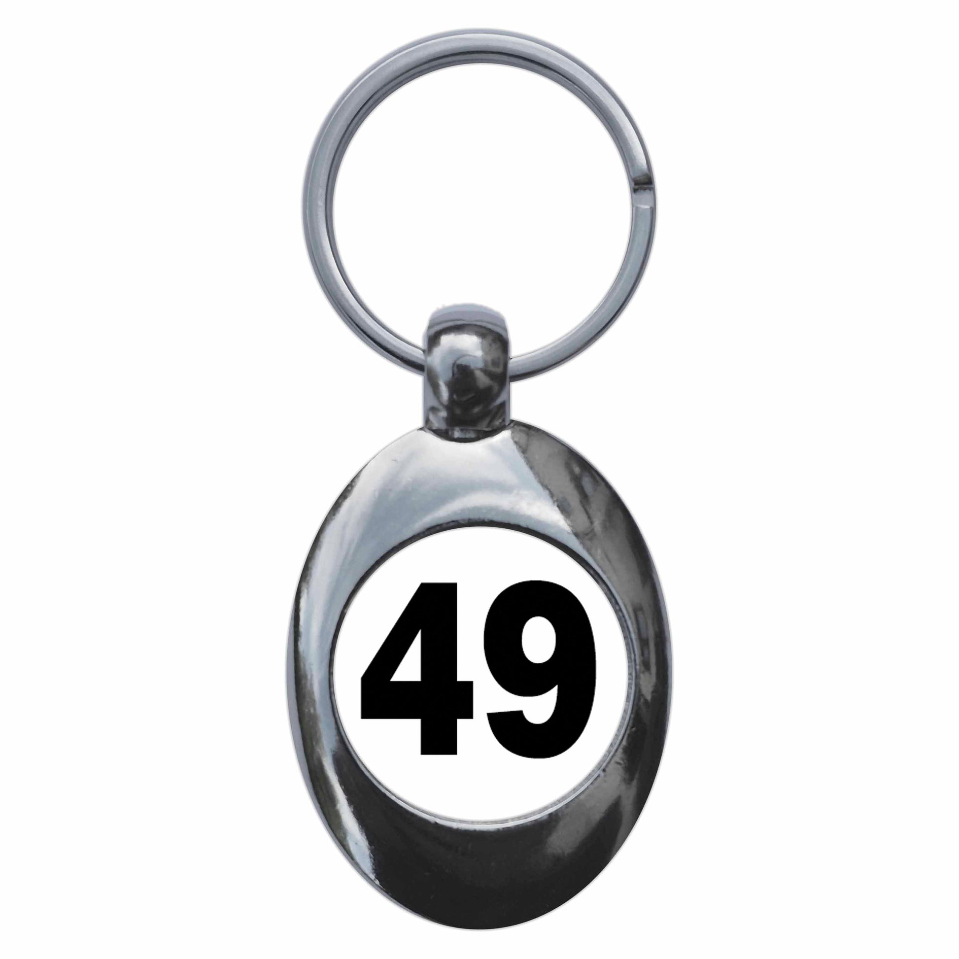 A picture of the front of the product, titled Plain Number 49 Forty Nine Metal Keyring With Trolley Coin