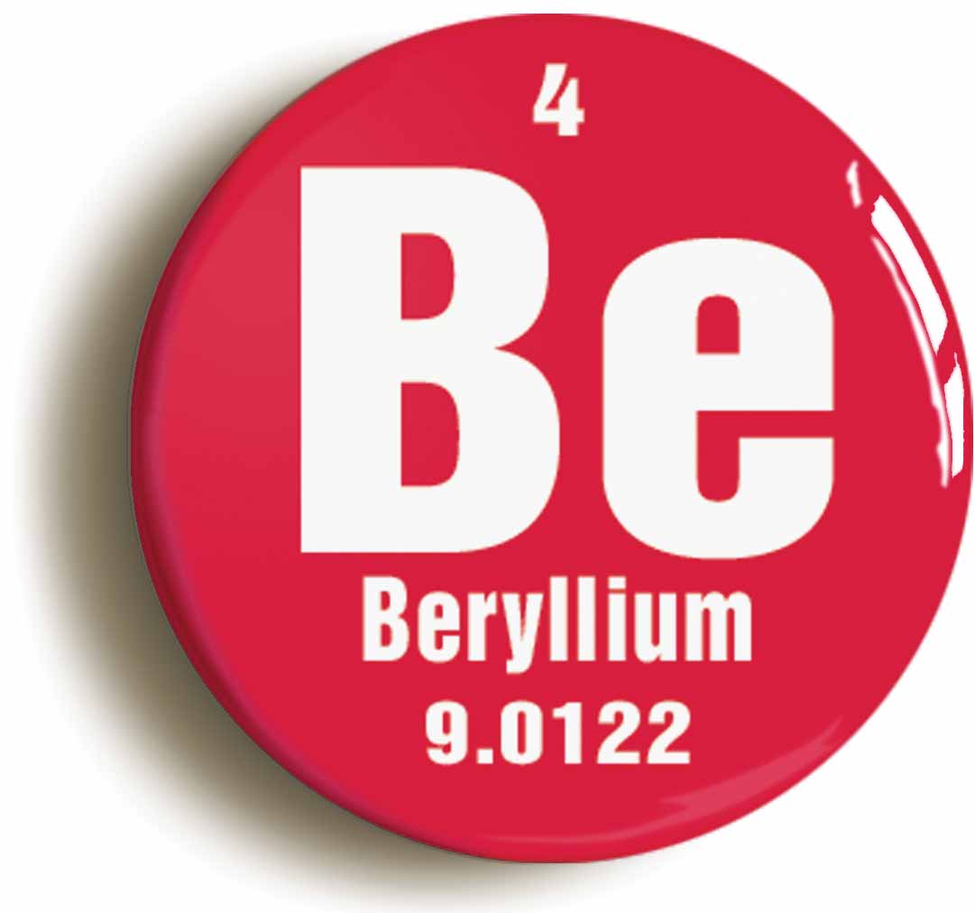 A picture of the front of the product, titled Beryllium Element Symbol Button Pin Badge