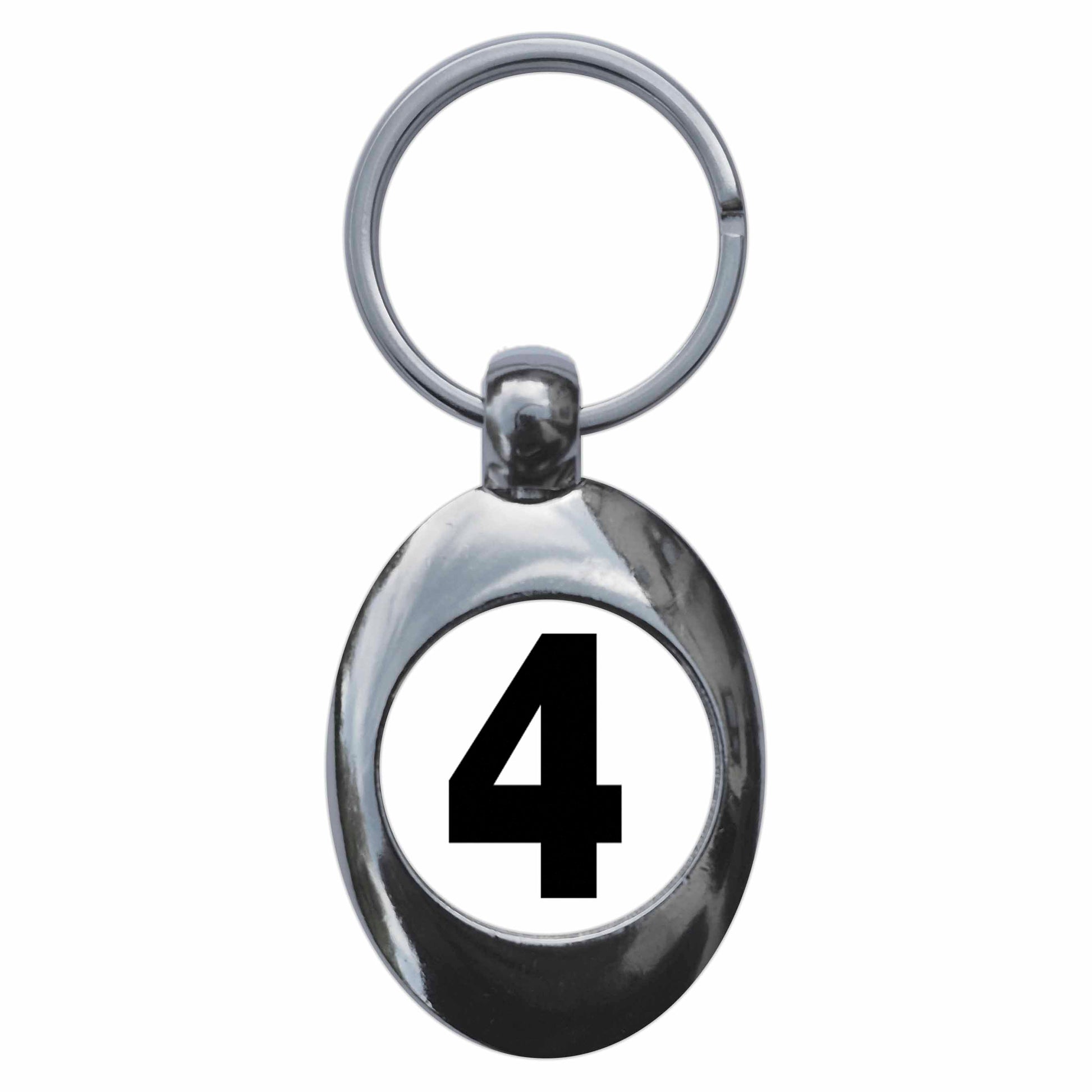 A picture of the front of the product, titled Plain Number 4 Four Metal Keyring With Trolley Coin