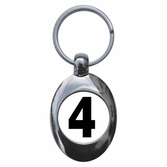 A picture of the front of the product, titled Plain Number 4 Four Metal Keyring With Trolley Coin