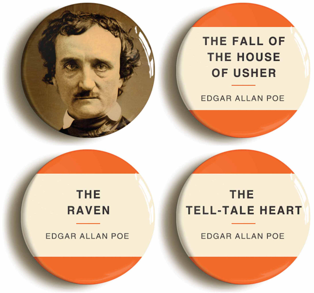 A picture of a set of four badges
