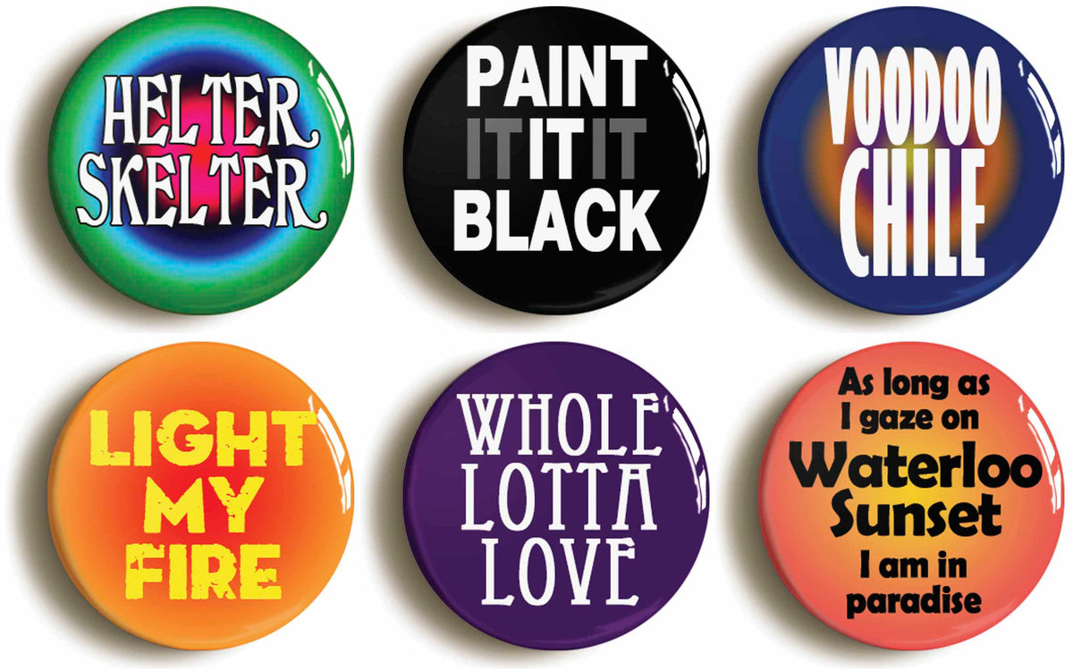 A picture of a set of six badges