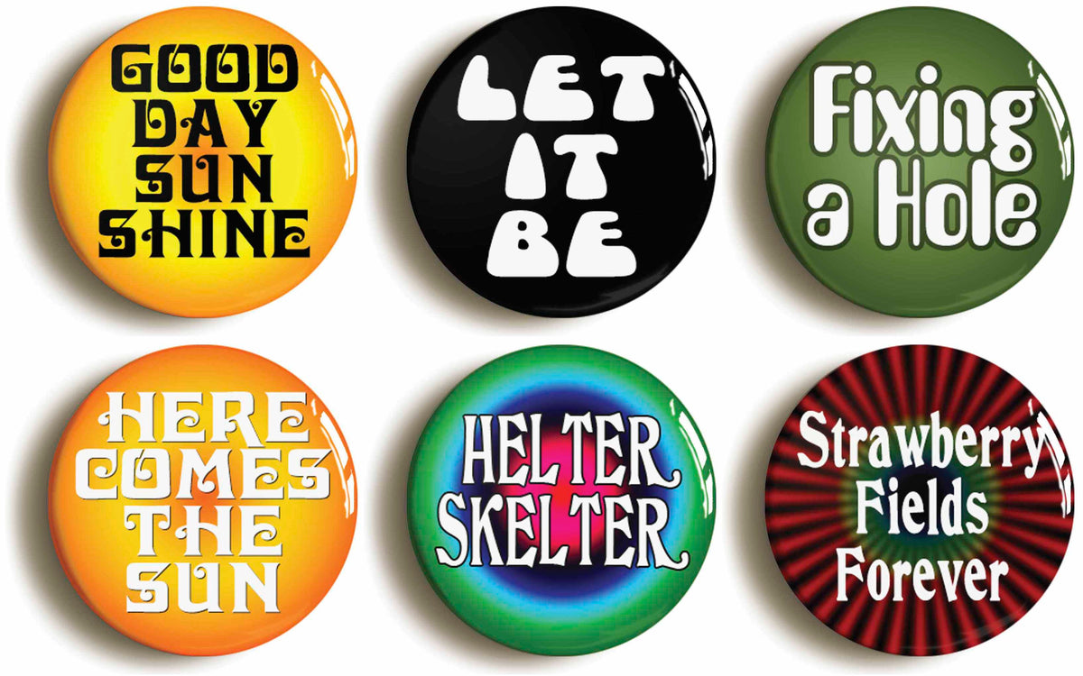A picture of a set of six badges