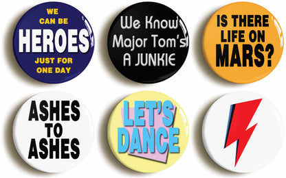 A picture of a set of six badges