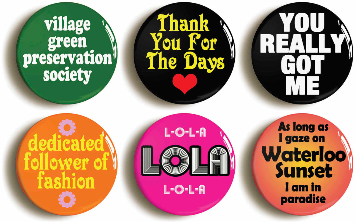 A picture of a set of six badges