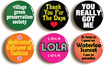 A picture of a set of six badges