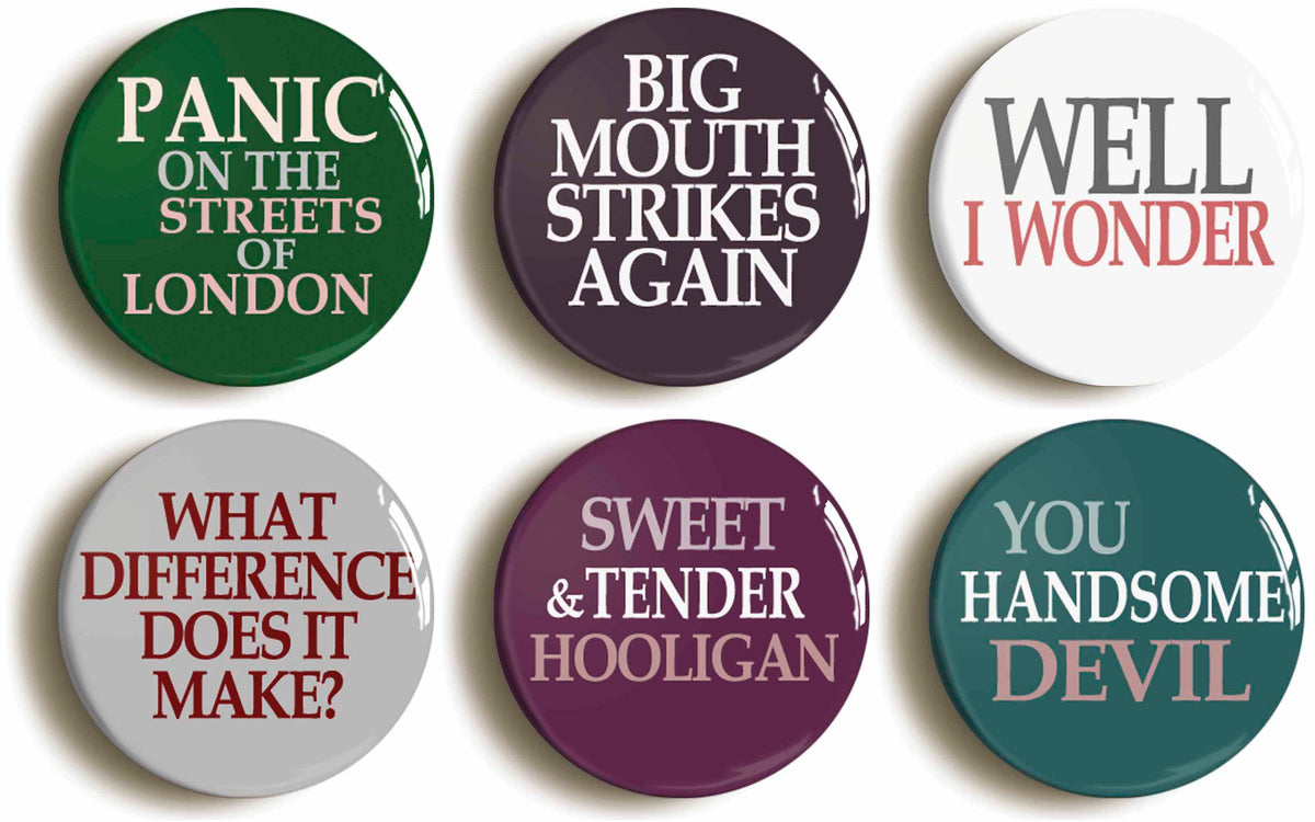 A picture of a set of six badges