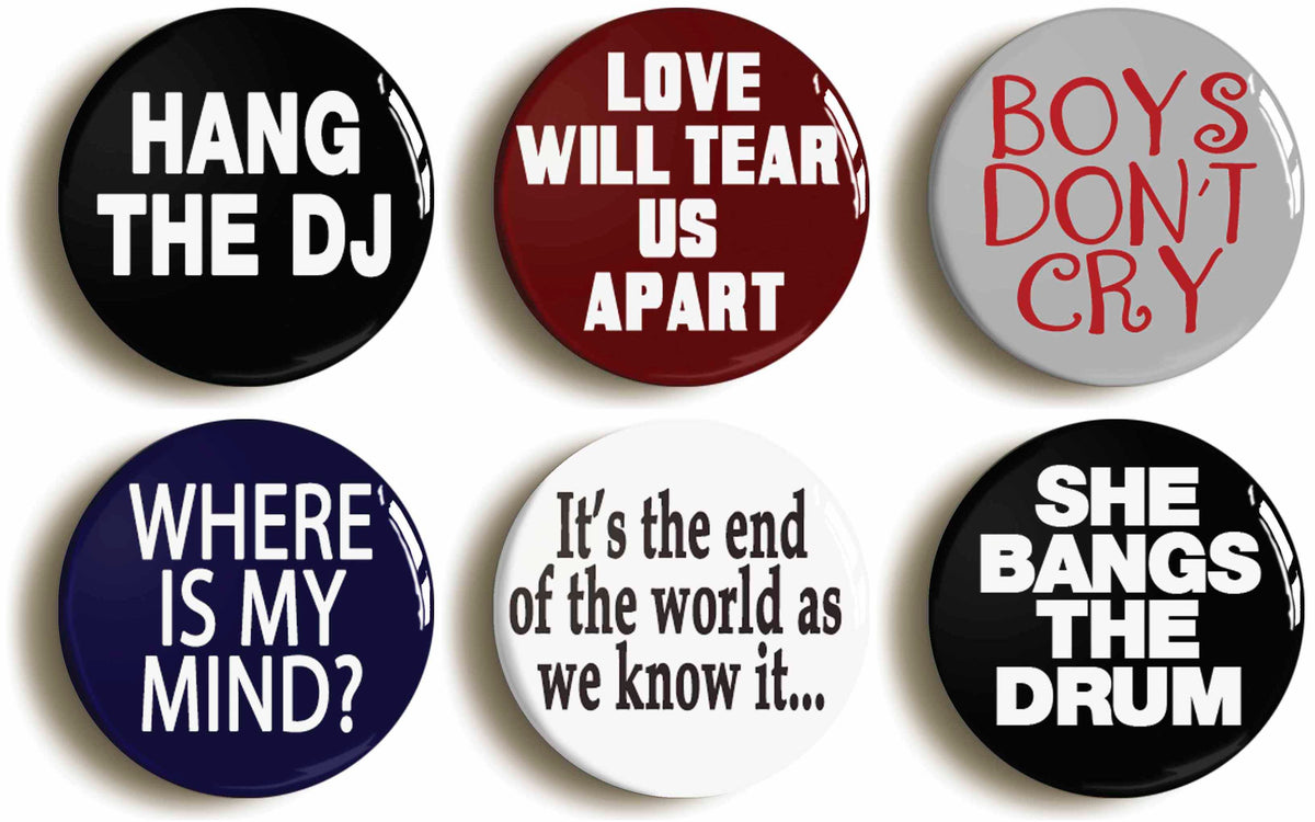 A picture of a set of six badges