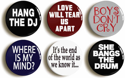 A picture of a set of six badges