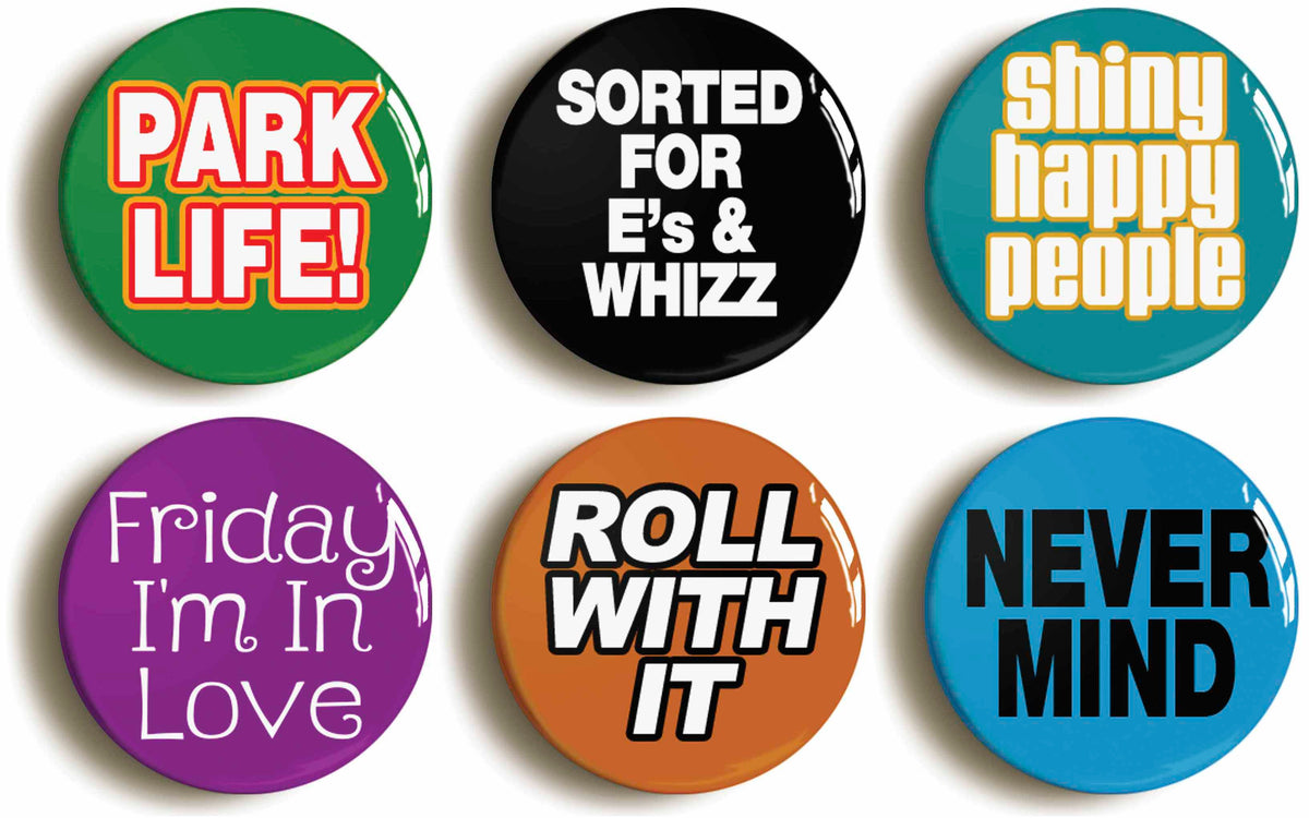 A picture of a set of six badges