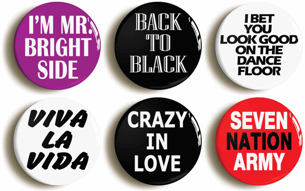 A picture of a set of six badges