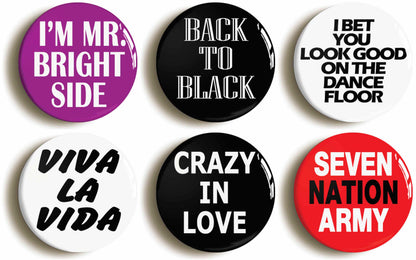 A picture of a set of six badges