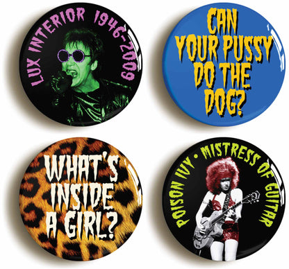A picture of a set of four badges