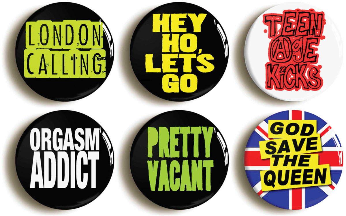 A picture of a set of six badges