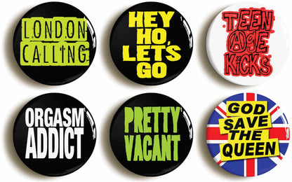 A picture of a set of six badges