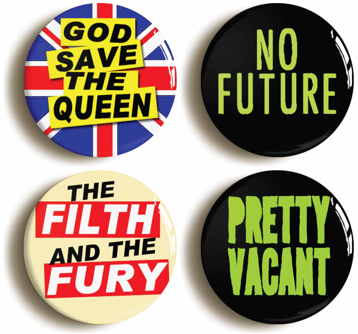 A picture of a set of four badges