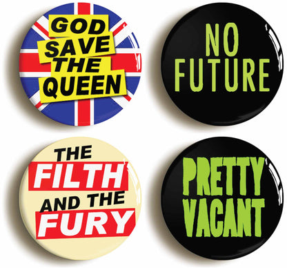 A picture of a set of four badges