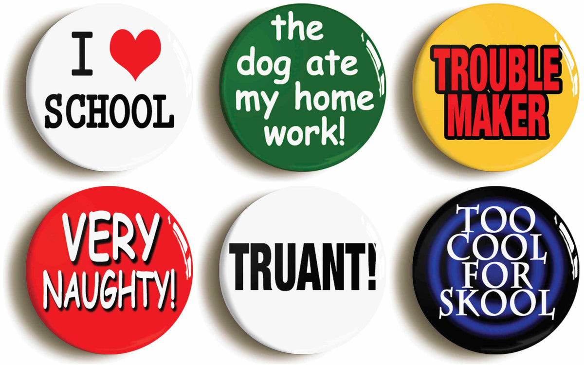 A picture of a set of six badges