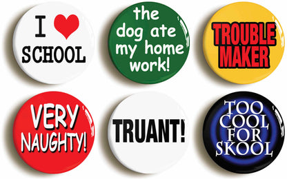 A picture of a set of six badges