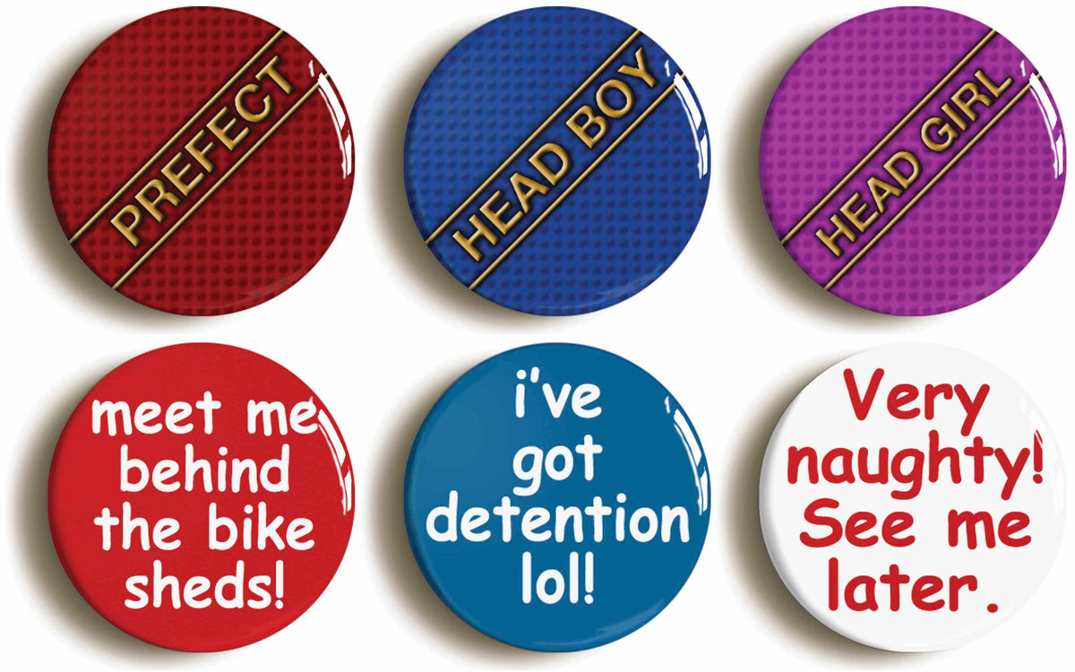 A picture of a set of six badges