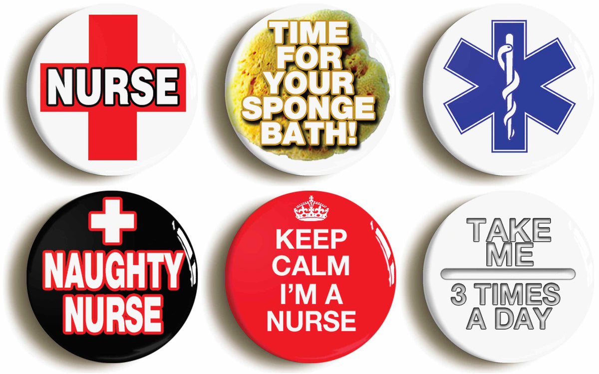 A picture of a set of six badges