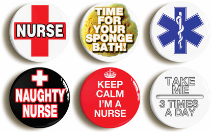 A picture of a set of six badges