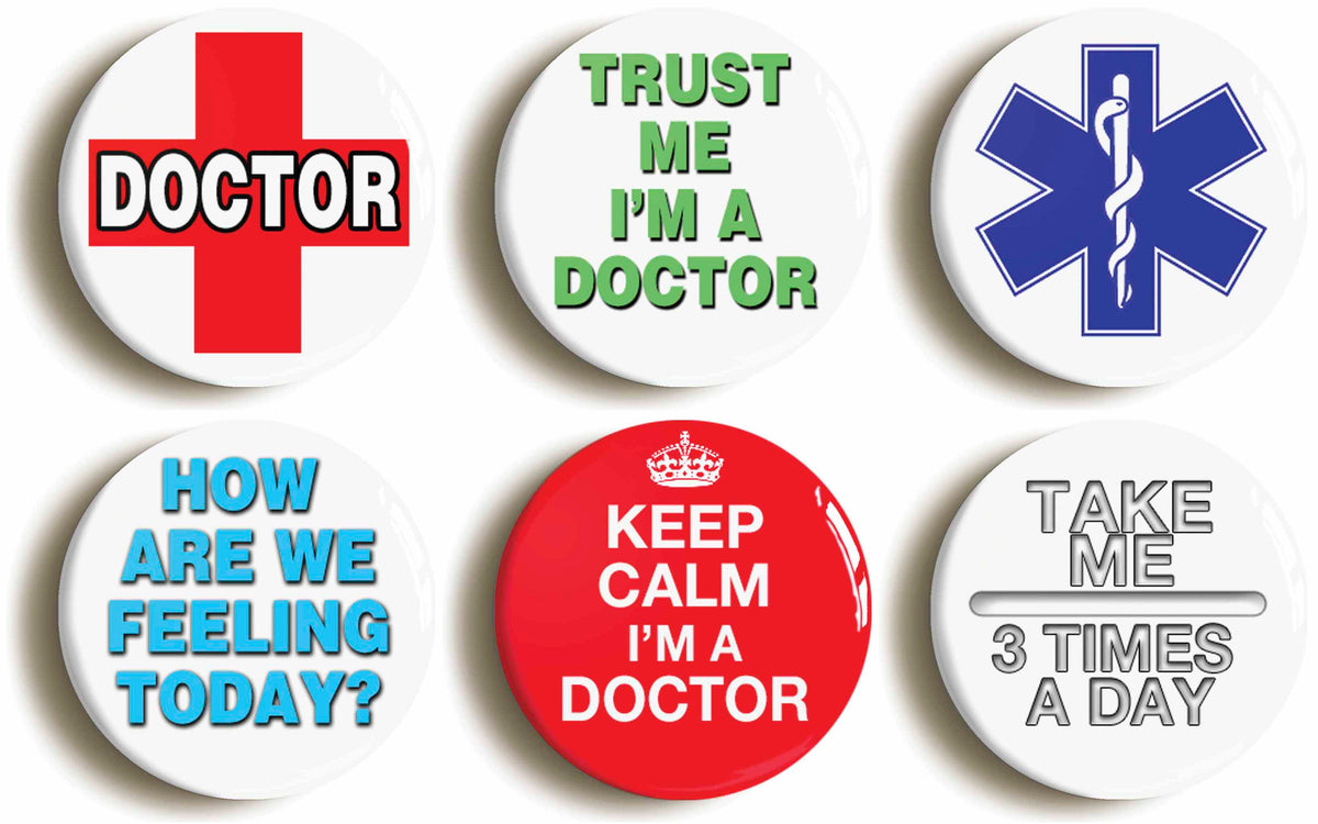 A picture of a set of six badges