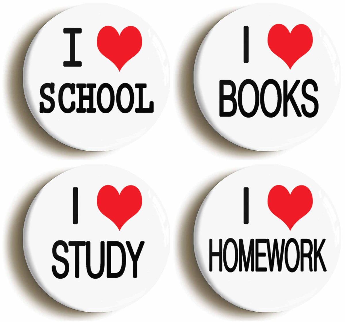 A picture of a set of four badges