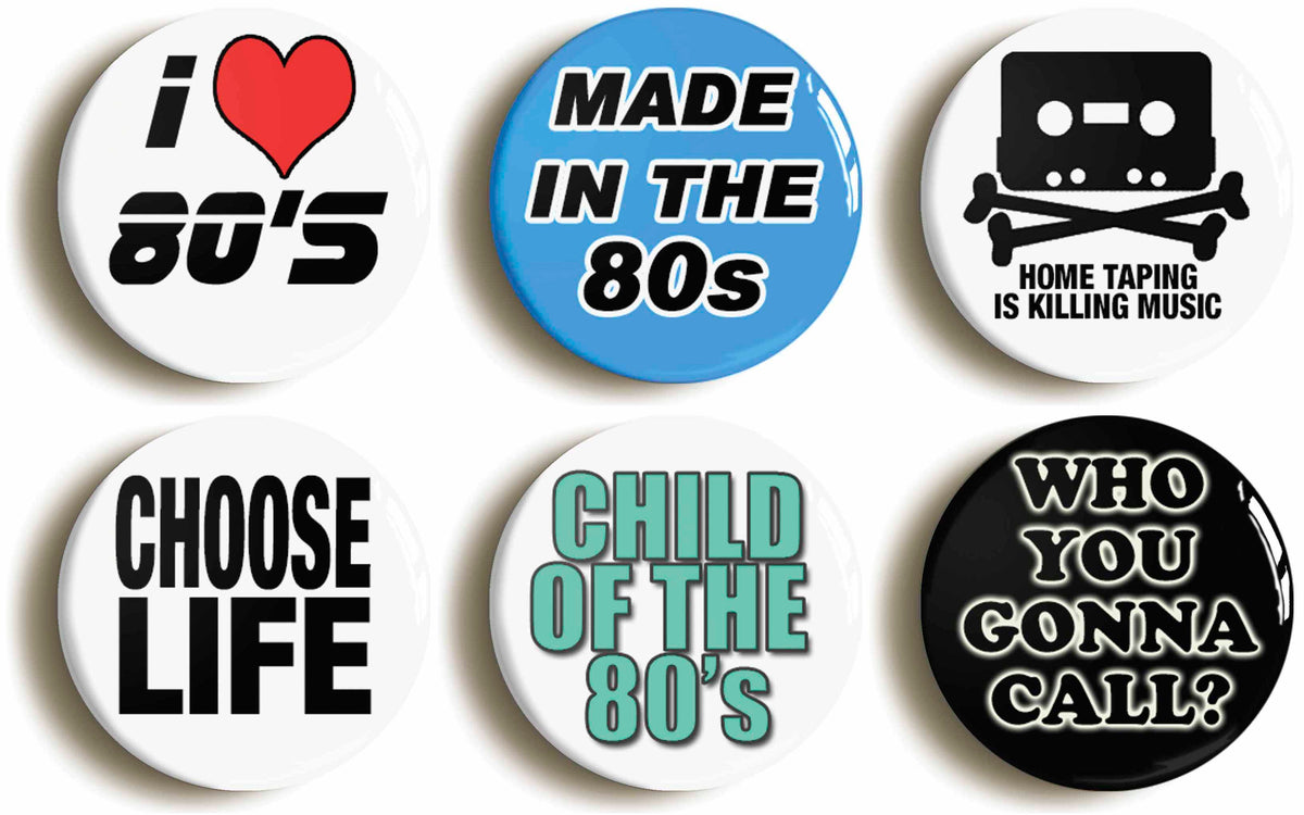 A picture of a set of six badges