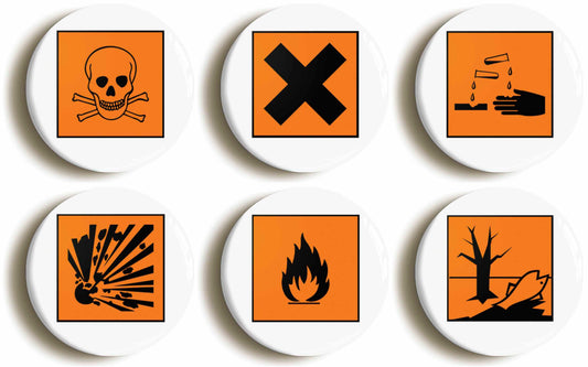 A picture of a set of six badges