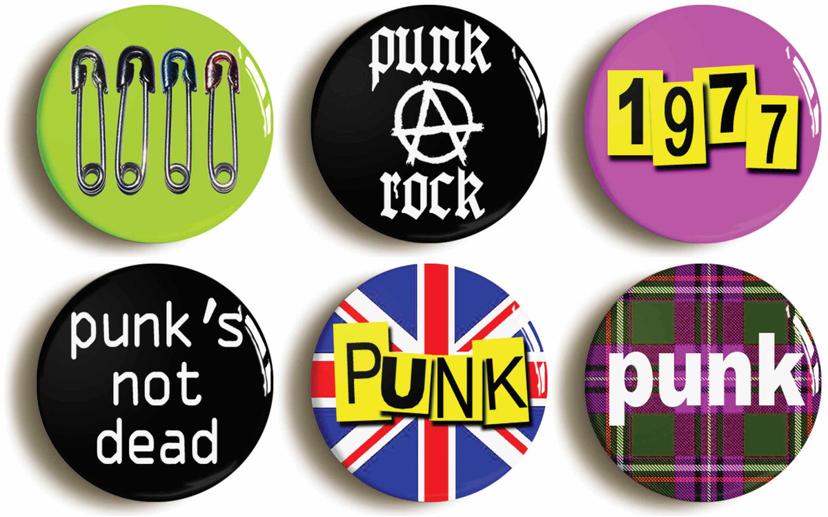 A picture of a set of six badges