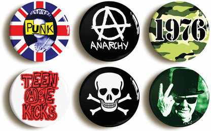 A picture of a set of six badges