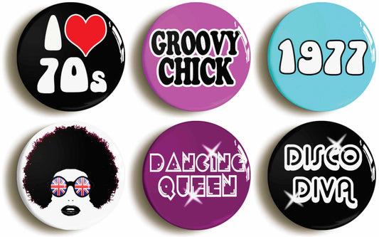 A picture of a set of six badges