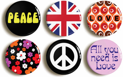 A picture of a set of six badges