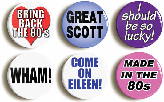 A picture of a set of six badges