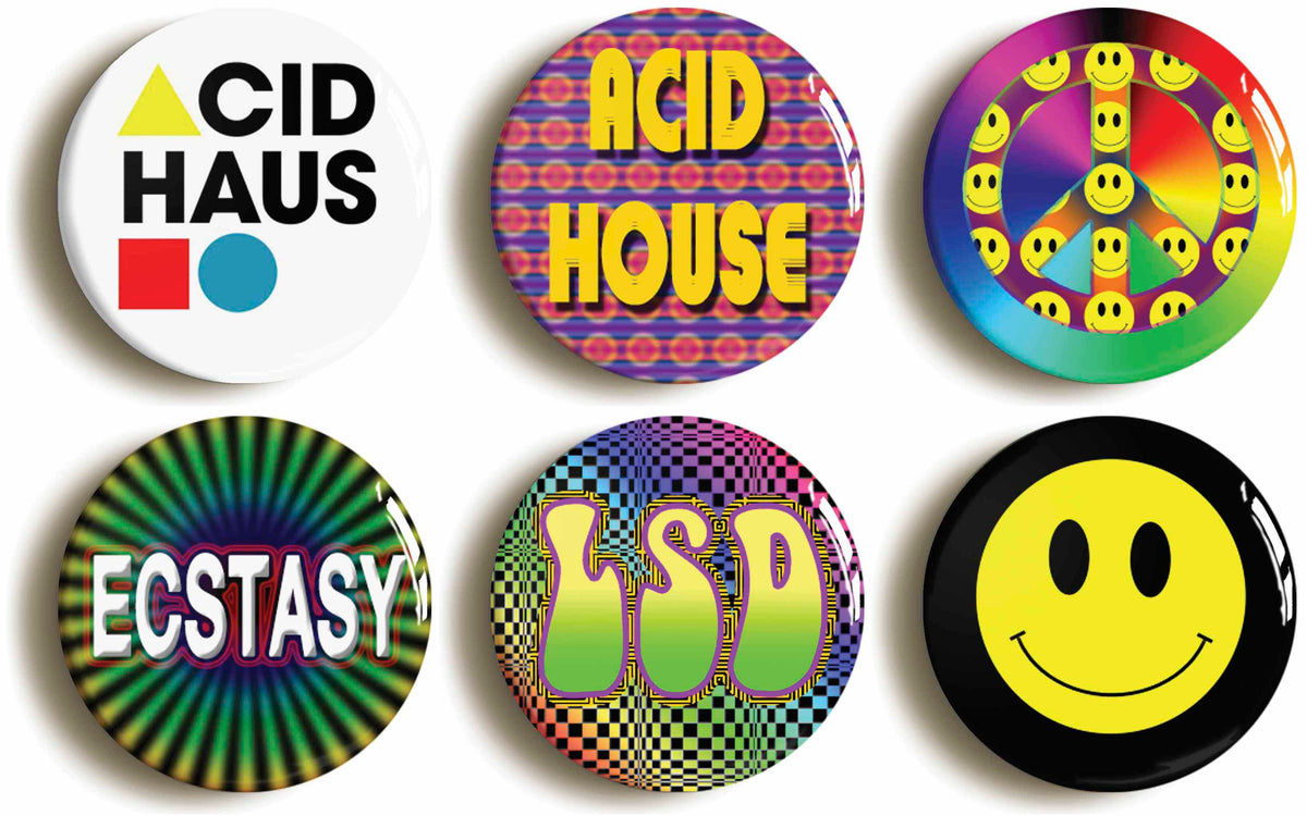 A picture of a set of six badges