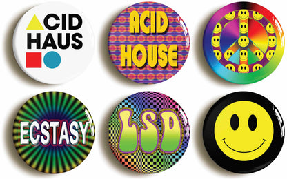 A picture of a set of six badges