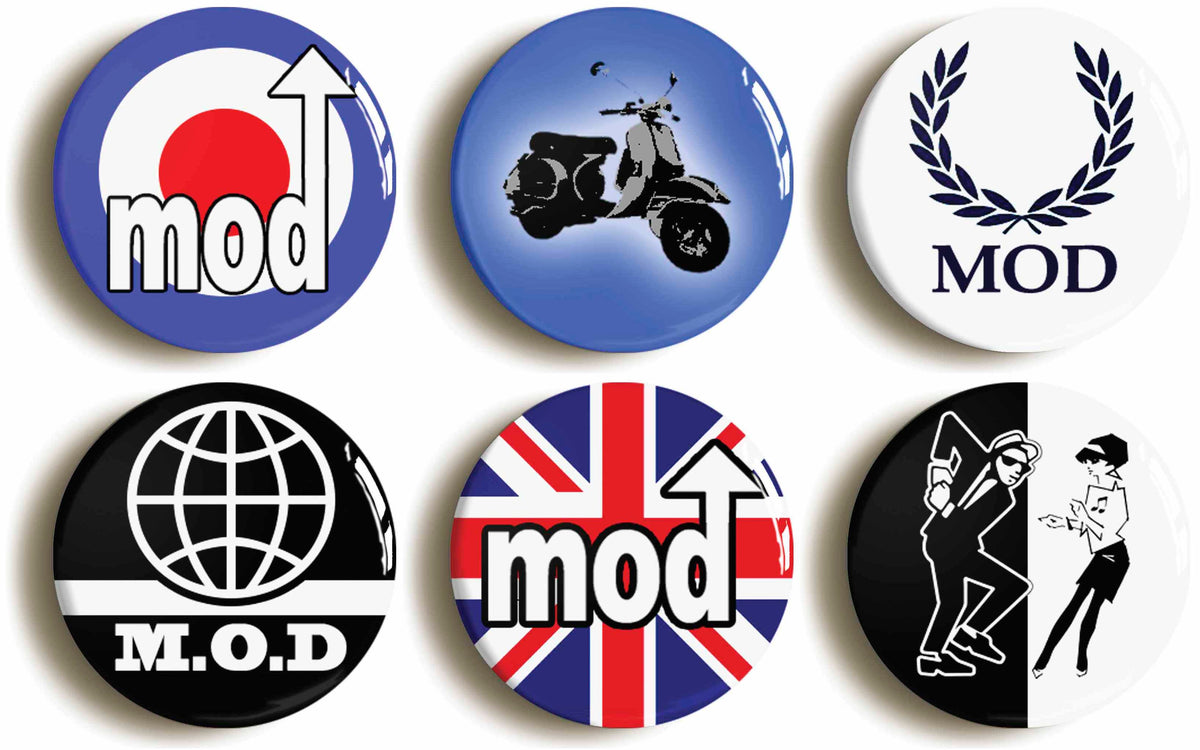 A picture of a set of six badges