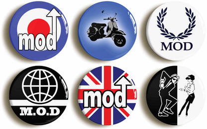 A picture of a set of six badges
