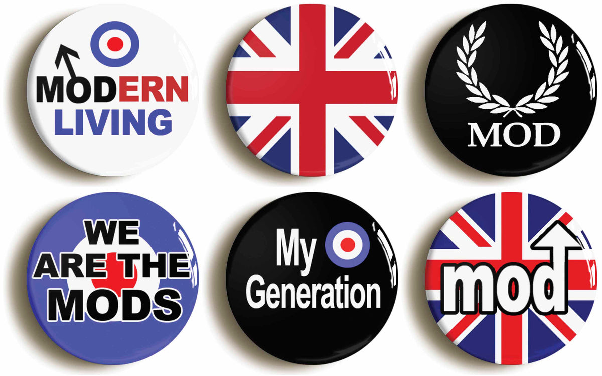 A picture of a set of six badges
