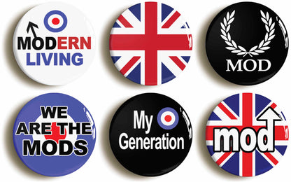 A picture of a set of six badges