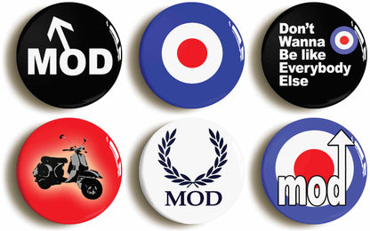 A picture of a set of six badges