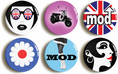 A picture of a set of six badges
