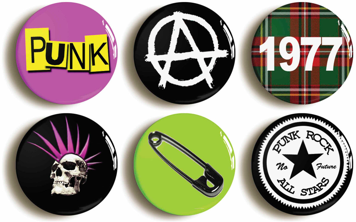 A picture of a set of six badges