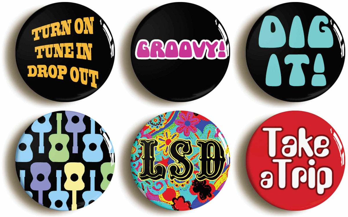 A picture of a set of six badges