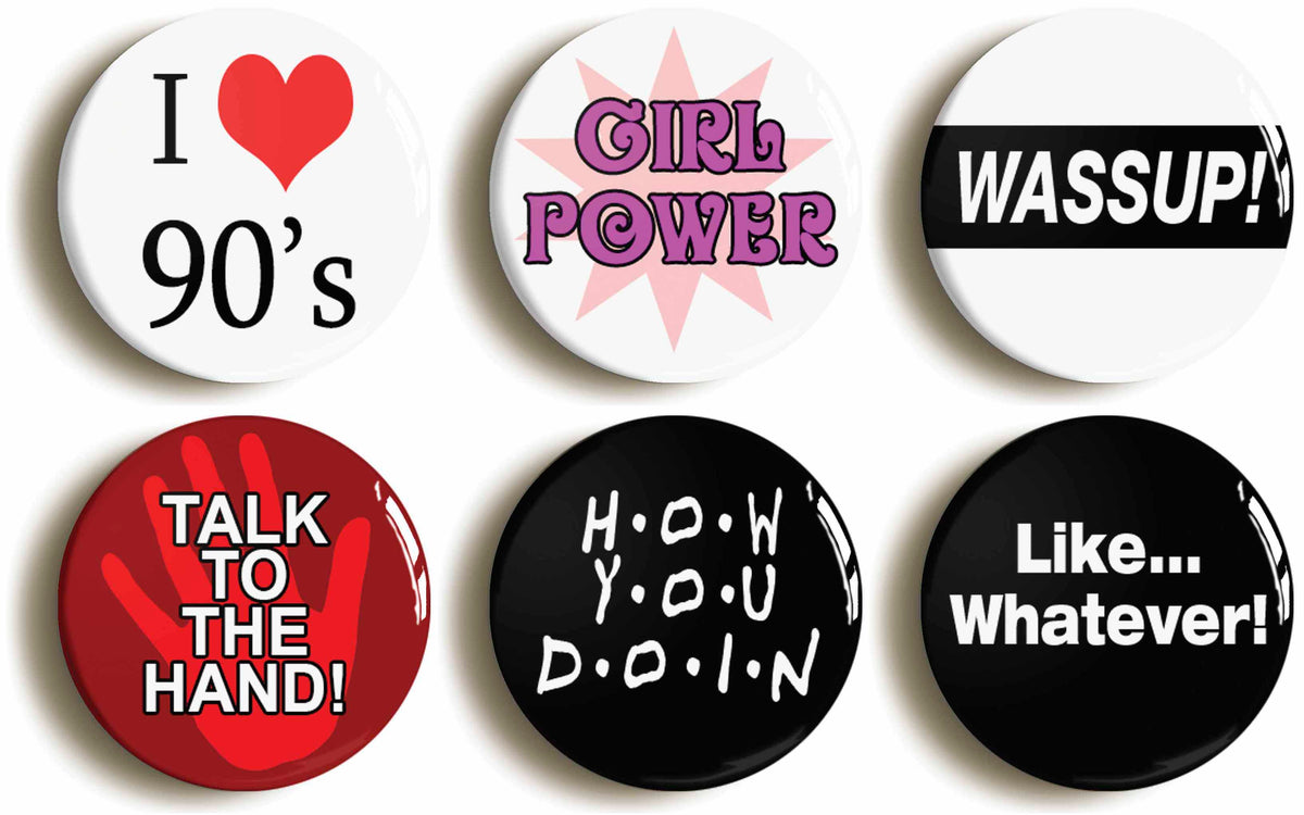 A picture of a set of six badges